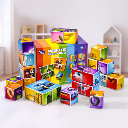 Pairez Toys Random 4 Sets of Magnetic Blocks for Toddlers, 4 Packs Total 16 PCS & 24 Patterns, Magnetic Puzzles for Kids 1-3, Preschool Learning Classroom Must Haves Puzzle Toys
