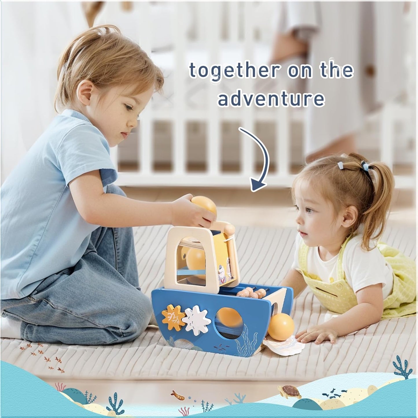 Promise Babe 5-in-1 Baby Wooden Activity Cube, Sea Ocean Montessori Toddler Toys for 1+ Year Old Boys Girls Gifts, Educational Learning Boat Toys for 1st Birthday Gifts for Kids