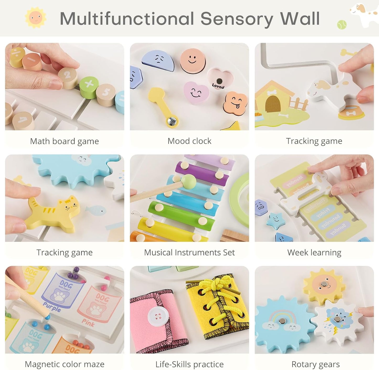 Wooden Dog Wall Busy Board Panels, Sensory Wall Activity Board for Toddlers 1-3, Montessori Learning Activity Center, Educational Toys for Kids Room, Preschool & Daycare