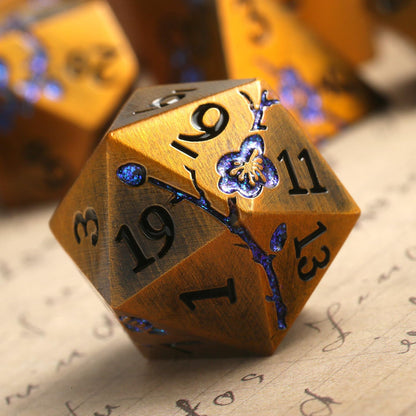 DnDnD Heavy Polyhedral Metal Dice Set with Metal Box, 7-die Shiny Blue Surface with Golden Number for RPG,Dungeons and Dragons,Pathfinder,Shadowrun,D&D,Role Palying Game and Math Teaching - Colors B