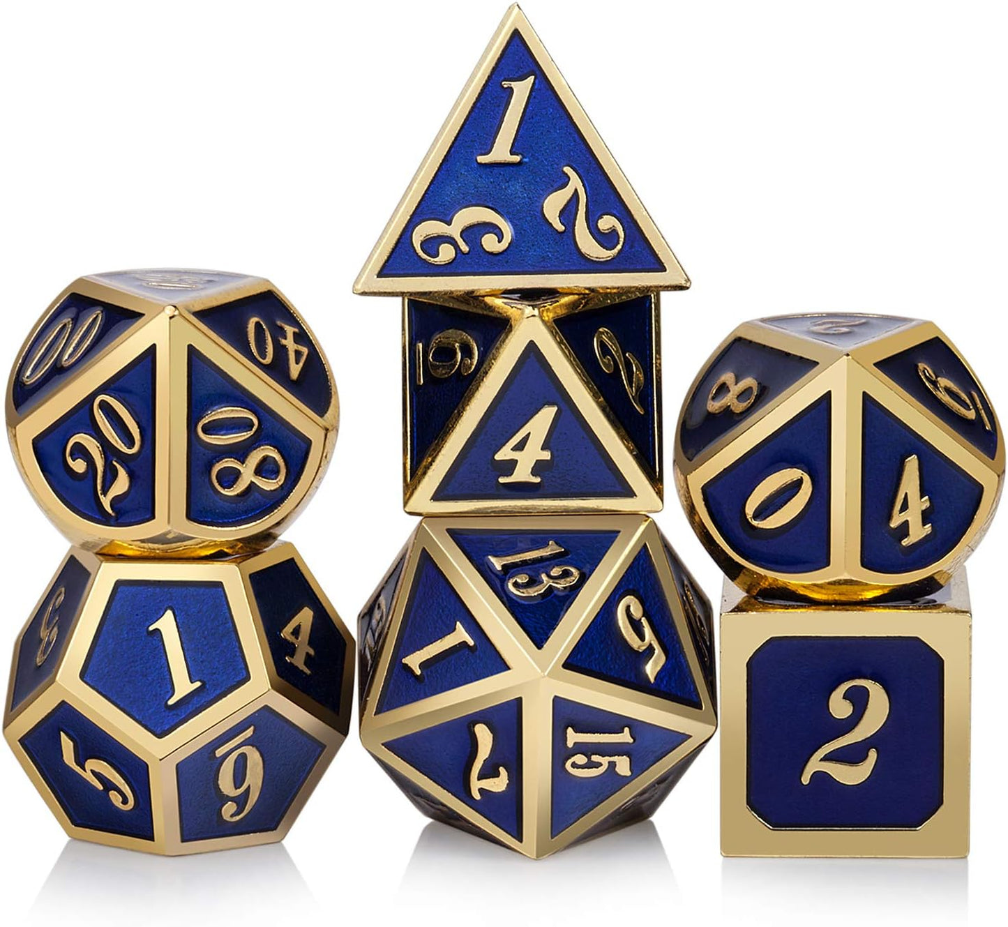 DnDnD Heavy Polyhedral Metal Dice Set with Metal Box, 7-die Shiny Blue Surface with Golden Number for RPG,Dungeons and Dragons,Pathfinder,Shadowrun,D&D,Role Palying Game and Math Teaching - Colors A