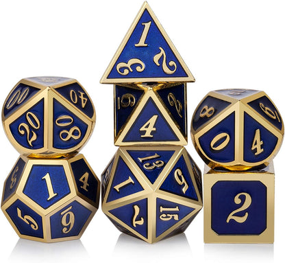 DnDnD Heavy Polyhedral Metal Dice Set with Metal Box, 7-die Shiny Blue Surface with Golden Number for RPG,Dungeons and Dragons,Pathfinder,Shadowrun,D&D,Role Palying Game and Math Teaching - Colors A