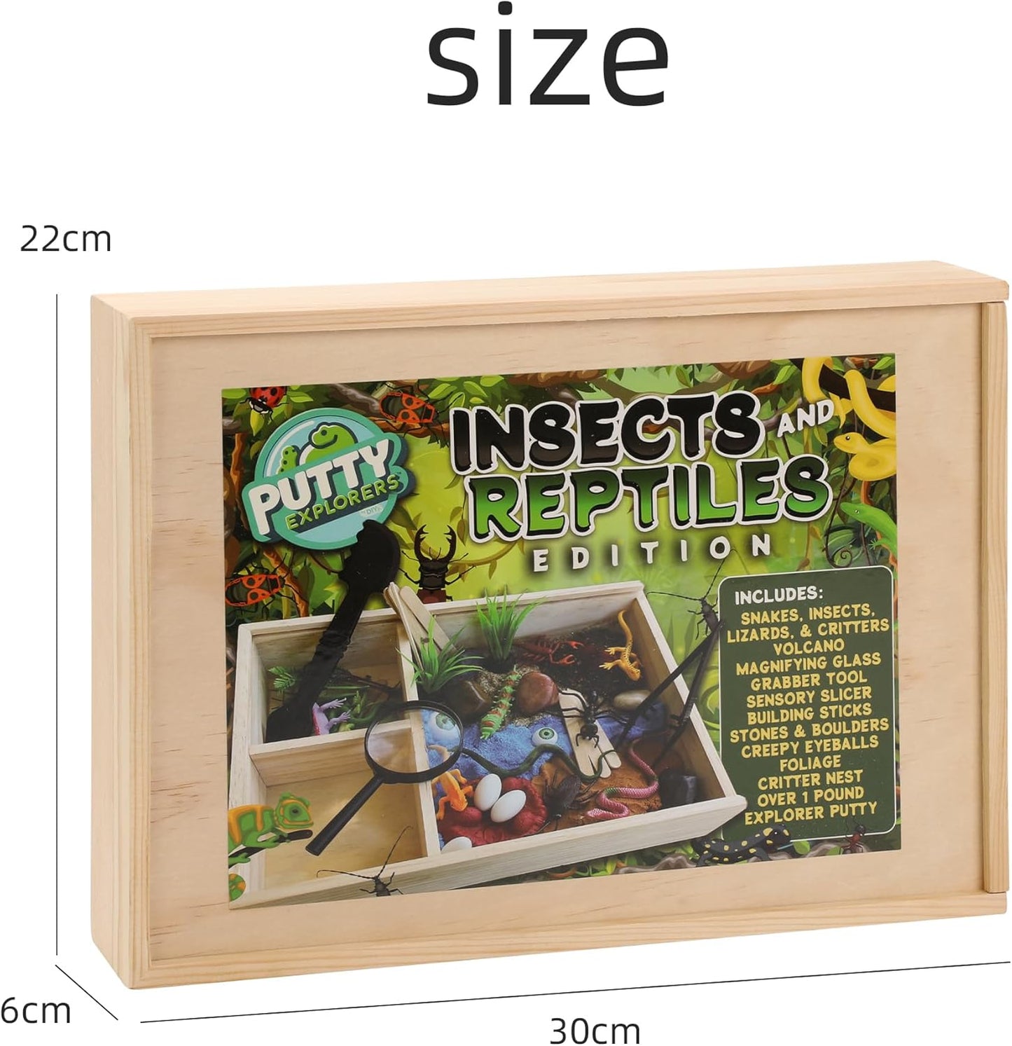 Insects and Reptiles Putty Explorers Educational Sensory Kit Wooden Play Box Bugs Snakes Science Life Moldable Sand Kit STEM Educational Toys Science Teacher Classroom Gifts Lizards Volcano Easter