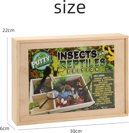 Insects and Reptiles Putty Explorers Educational Sensory Kit Wooden Play Box Bugs Snakes Science Life Moldable Sand Kit STEM Educational Toys Science Teacher Classroom Gifts Lizards Volcano Easter