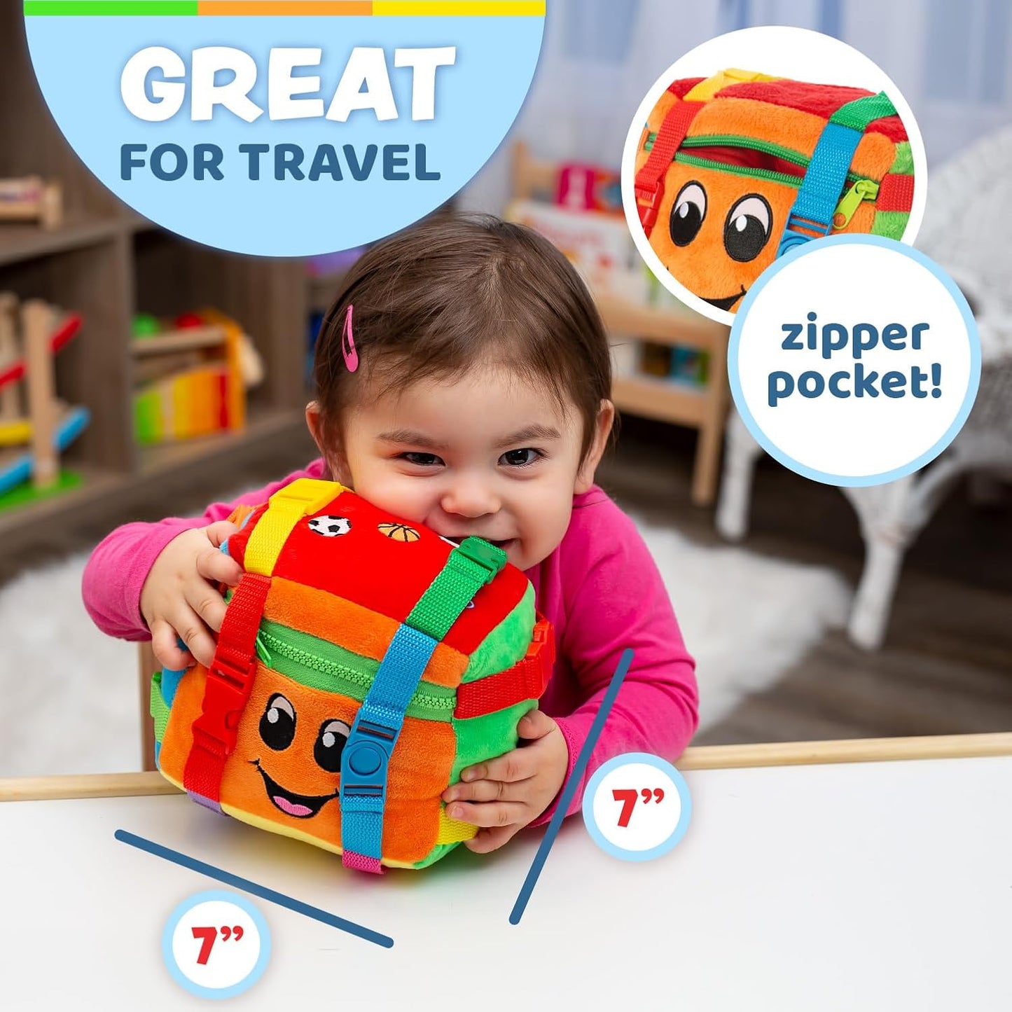 Buckle Toys - Benny Lion - Toddler Plush Activity Toy Stuffed Animal - Great for Homeschool or Preschool - Fine Motor Skill and Cognitive Skill Development - Zipper Storage for Small Items
