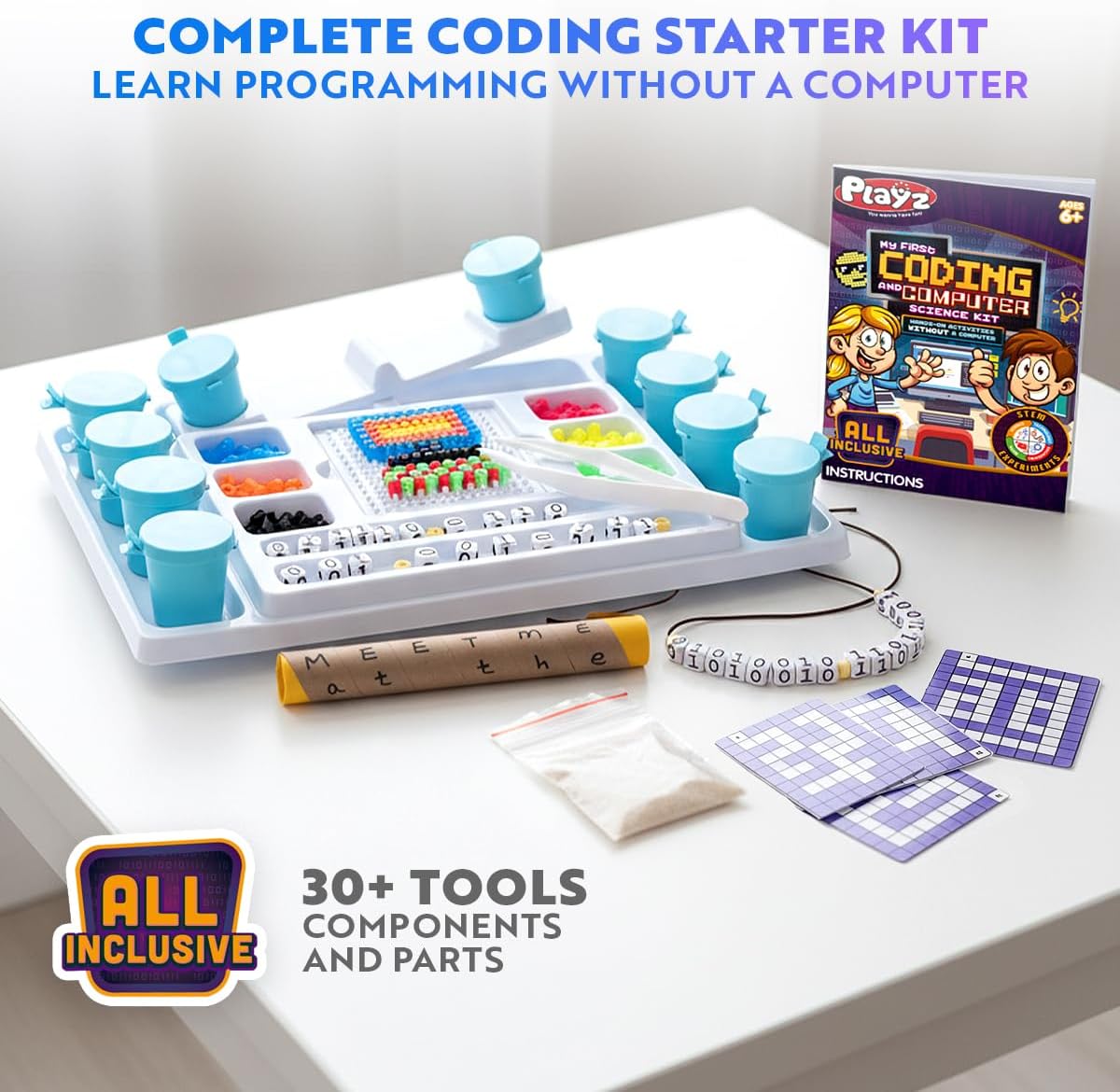Playz My First Coding & Computer Science Kit - Learn About Binary Codes, Encryption, Algorithms & Pixelation Through Fun Puzzling Activities Without Using a Computer for Boys, Girls, Teenagers, Kids