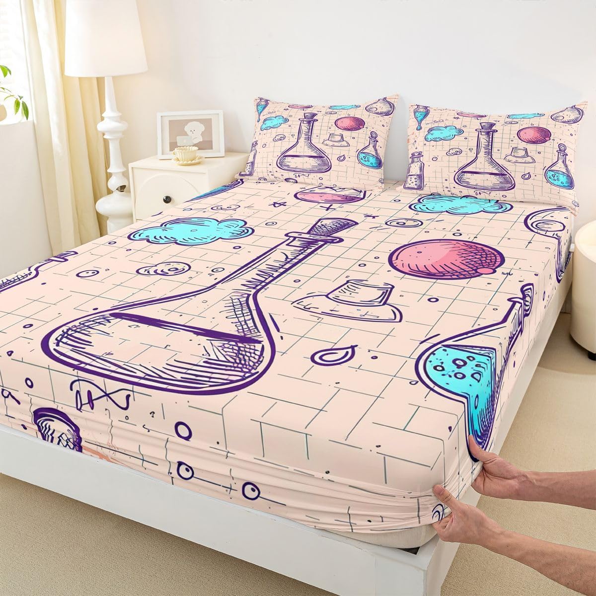 Erosebridal Chemistry Lab Fitted Sheet Twin Size Chemical Equation Bed Sheets for Boys Girls Chemical Elements Science Theme Bed Set Teens Kids Science Students Bedding Set School Dorm Room Decor