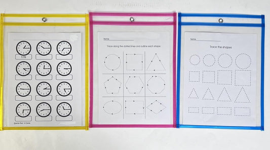 Regent products Corp Set of 3 Reusable Home School Dry Erase Learning Pockets for Kindergarten Learn to Draw Alphabet, Numbers, Shapes, and Tell Time with 6 Learning Templetes Included, large
