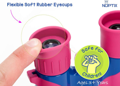 Binoculars for Kids, Girls or Boys Real Kids Binoculars in Vibrant Green Blue - Includes Sticker Book with 40 Bird Species - Small Toys for Toddlers