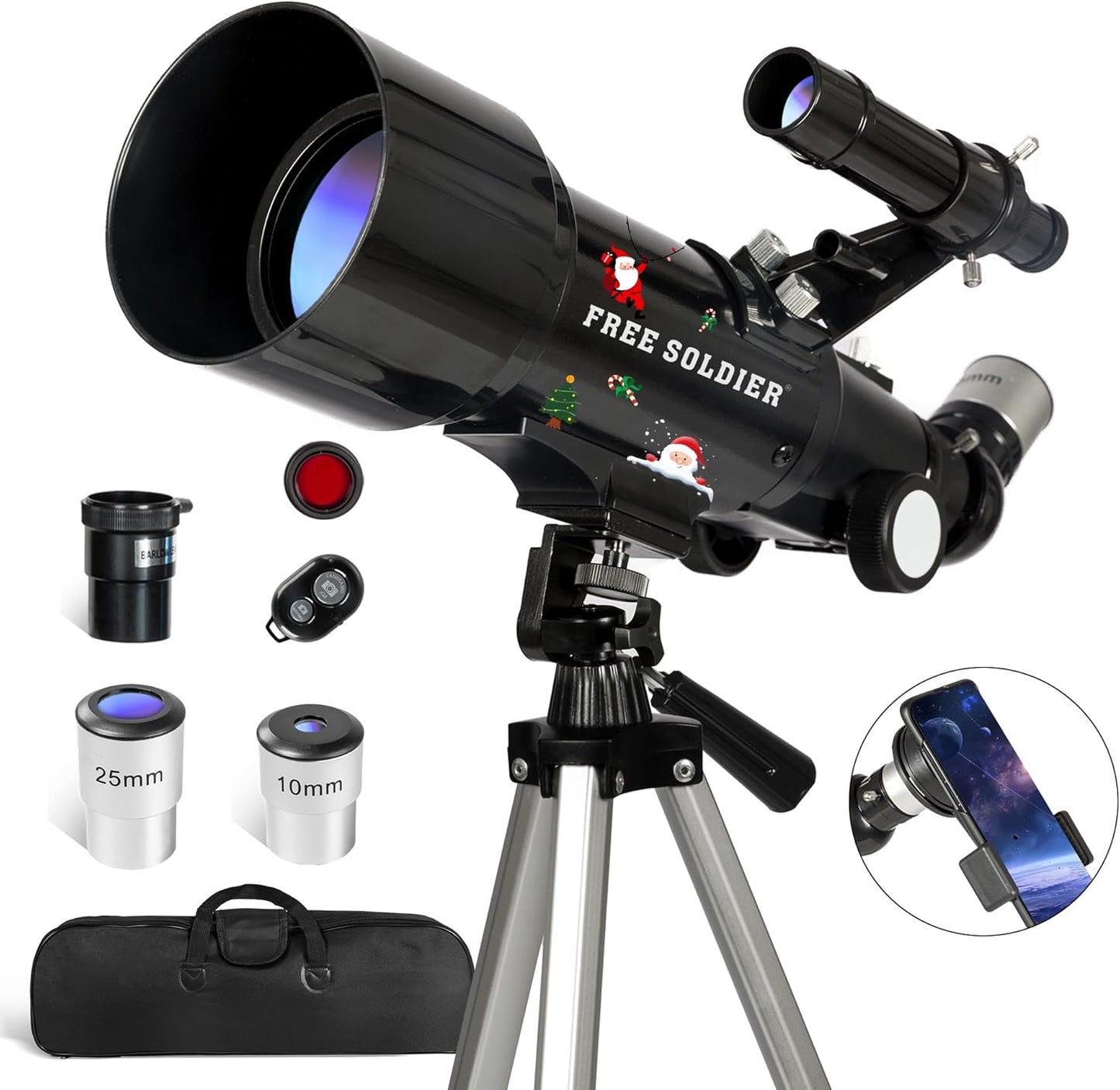 FREE SOLDIER Telescope for Kids 70mm Aperture Astronomical Refractor Telescopes for Beginners (15X-150X) 300mm Telescope for Adults High Powered with A Phone Adapter & A Wireless Remote (White)