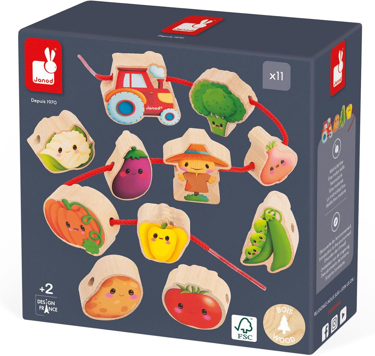 Janod - Stringable Farm-Themed Wooden Beads Set 11 Pieces - Designing Custom Jewelry - Imagination Development - Boosts Creativity and Motor Skills - Encourages Imaginative Play