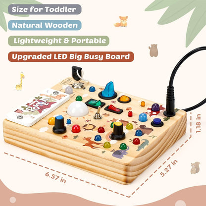 Joyreal Wooden Busy Board with LED Light, Montessori Toddler Toys, Wooden Sensory Board, Toddlers Activity Travel Toys for Boy & Girl Birthday Gift (Farm Theme)