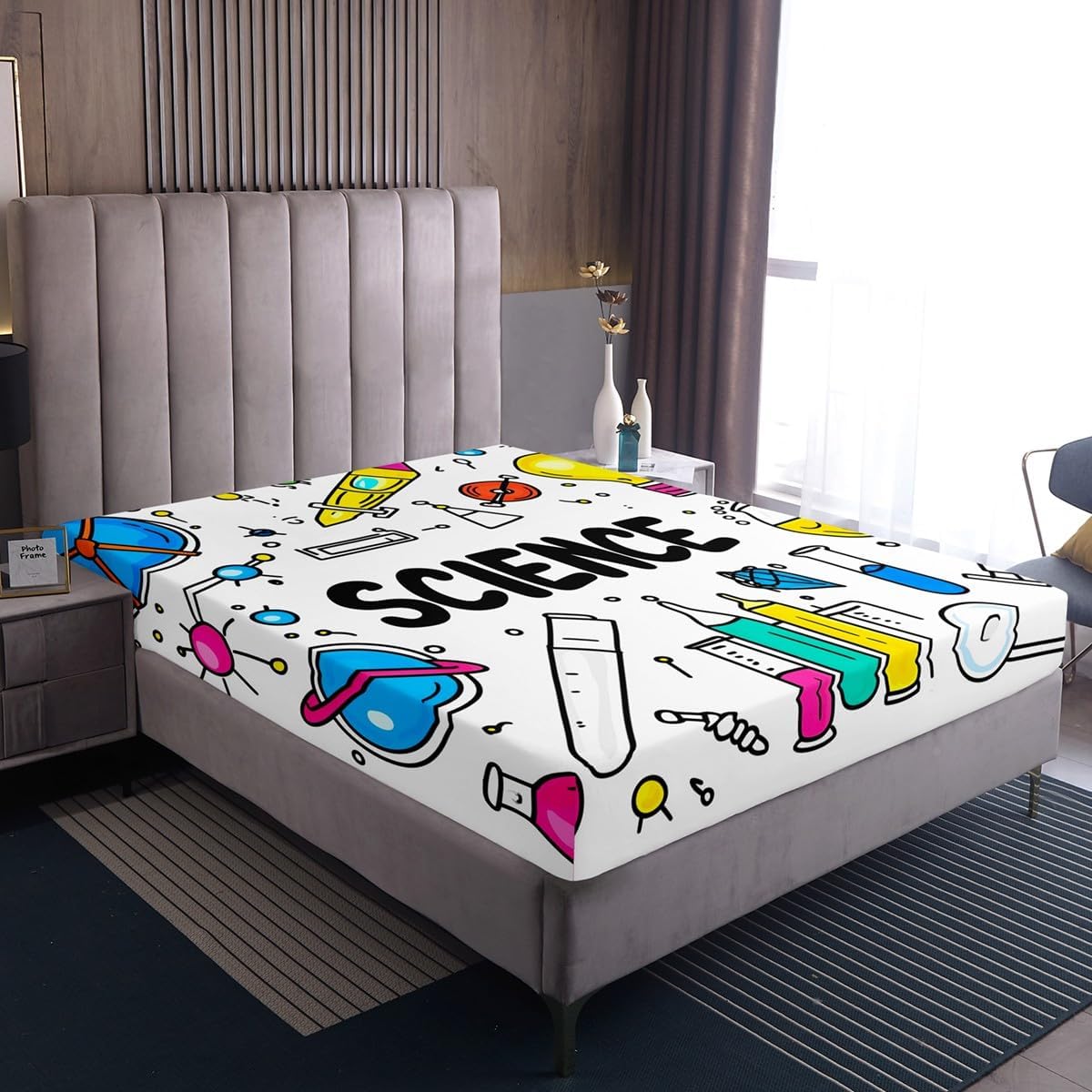 Chemistry Bed Sheets for Kids Teens Girls Boys,Chemical Experiment Fitted Sheet Twin,Science Themed Sheets for Math Lovers,Chemistry Lab Bedding Set,White and Black