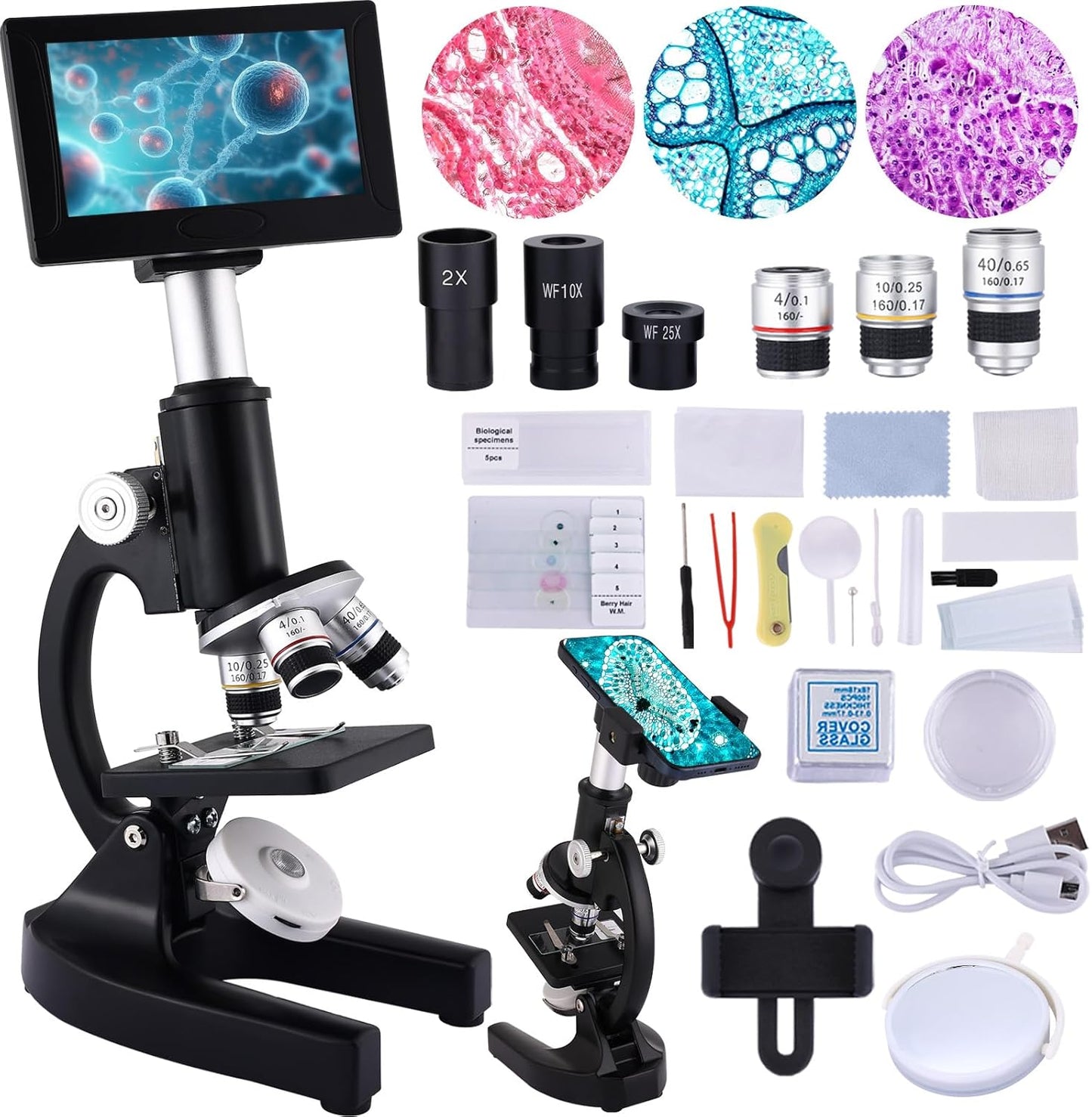 Microscope 40X-2500X Magnification with 4.3-inch Display, Wide-Angle 10X and 25X eyepieces, and Built-in 5-megapixel Camera for School Labs, Animal Husbandry (White)