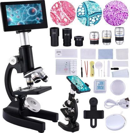 Microscope 40X-2500X Magnification with 4.3-inch Display, Wide-Angle 10X and 25X eyepieces, and Built-in 5-megapixel Camera for School Labs, Animal Husbandry (White)