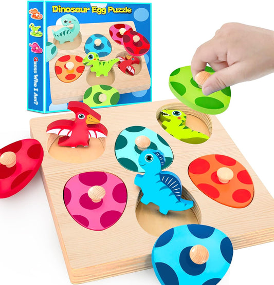Wooden Peg Puzzle for Toddlers,Montessori Toys for Kids，Wooden Learning Color Sorting Shape Puzzles for Boys Girls, Dinosaur Match Eggs Developmental Sensory Matching Games