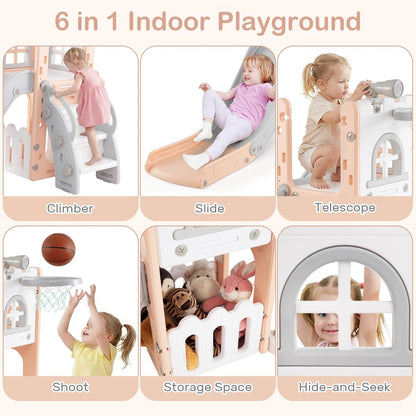 OLAKIDS Toddler Slide and Swing Set, 7 in 1 Kids Indoor Outdoor Playground with Climber Basketball Hoop Telescope Toy Storage for Boys Girls Aged 1+ (Grey)
