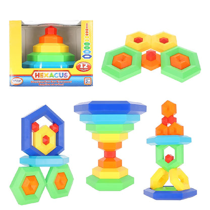 POPULAR PLAYTHINGS Hexacus Pyramid Stacking Blocks, Pattern Building Educational Toy, Stem Learning Gift for Kids Ages 2–6 – 12 Pieces