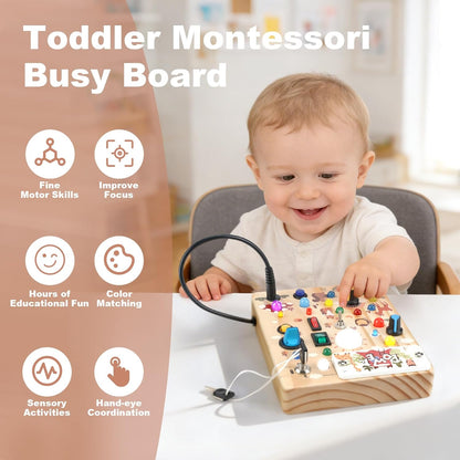 LED Busy Board for Toddlers - Montessori Sensory Toy with 10 Switches & 19 Lights, Wooden Activity Board for Fine Motor Skills, Ideal Educational Birthday Travel Toy Gift for 1 2 3 Year Old Boys Girls