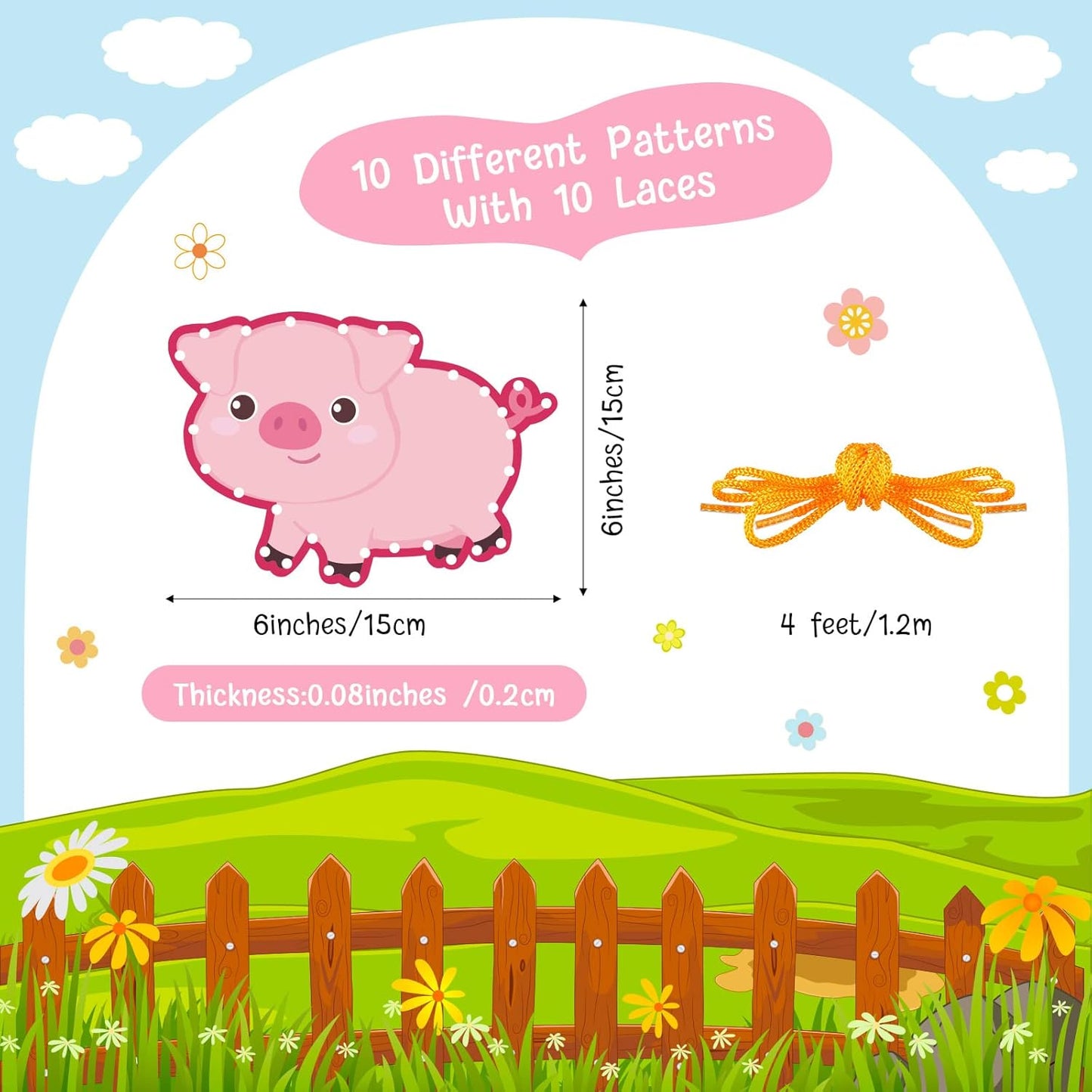 Pajean 10 Pcs Kids Lacing Cards Double Sided Animal Sewing Cards Kits 10 Styles Lacing Toy Crafts for Toddler Ages 3+ Developing Imagination Preschool Learning Activity Supplies(Farm Style)