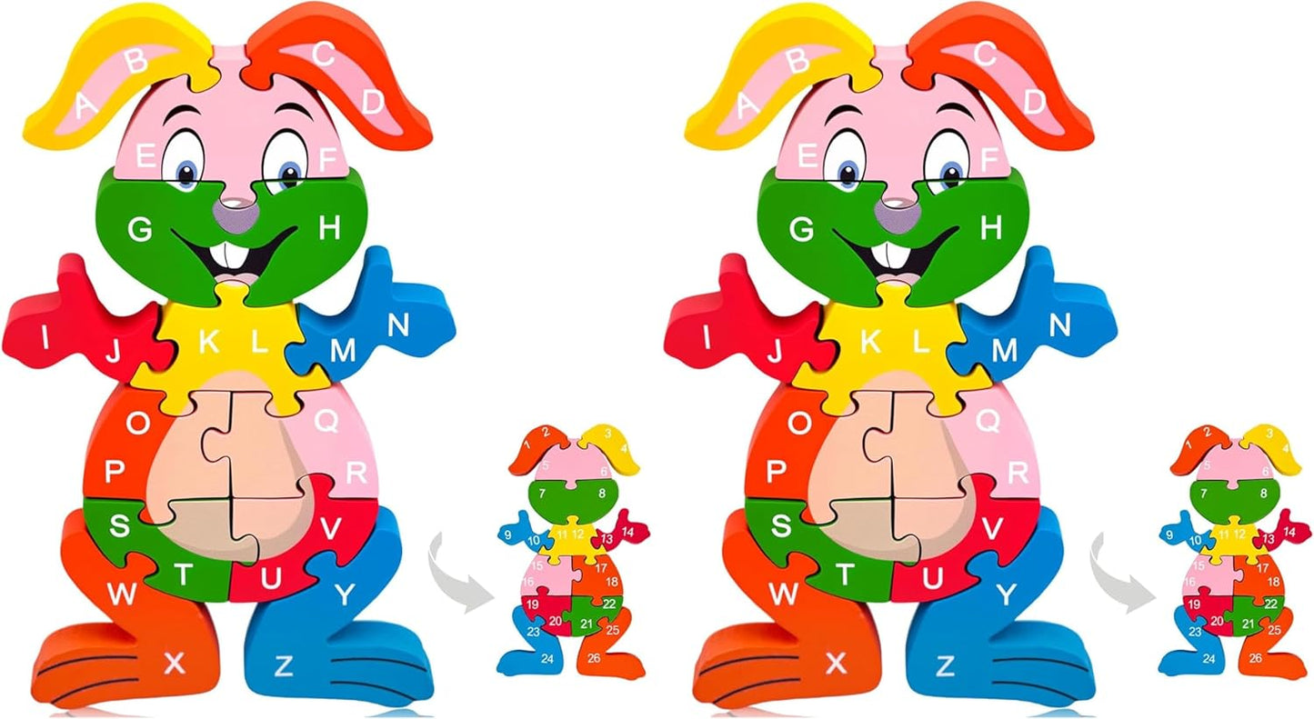 LovesTown Wooden Puzzles for Kids, Double Sided Giraffe Jigsaw with Alphabet & Numbers, Montessori Educational Toy for Toddlers, Chunky Animal Gift