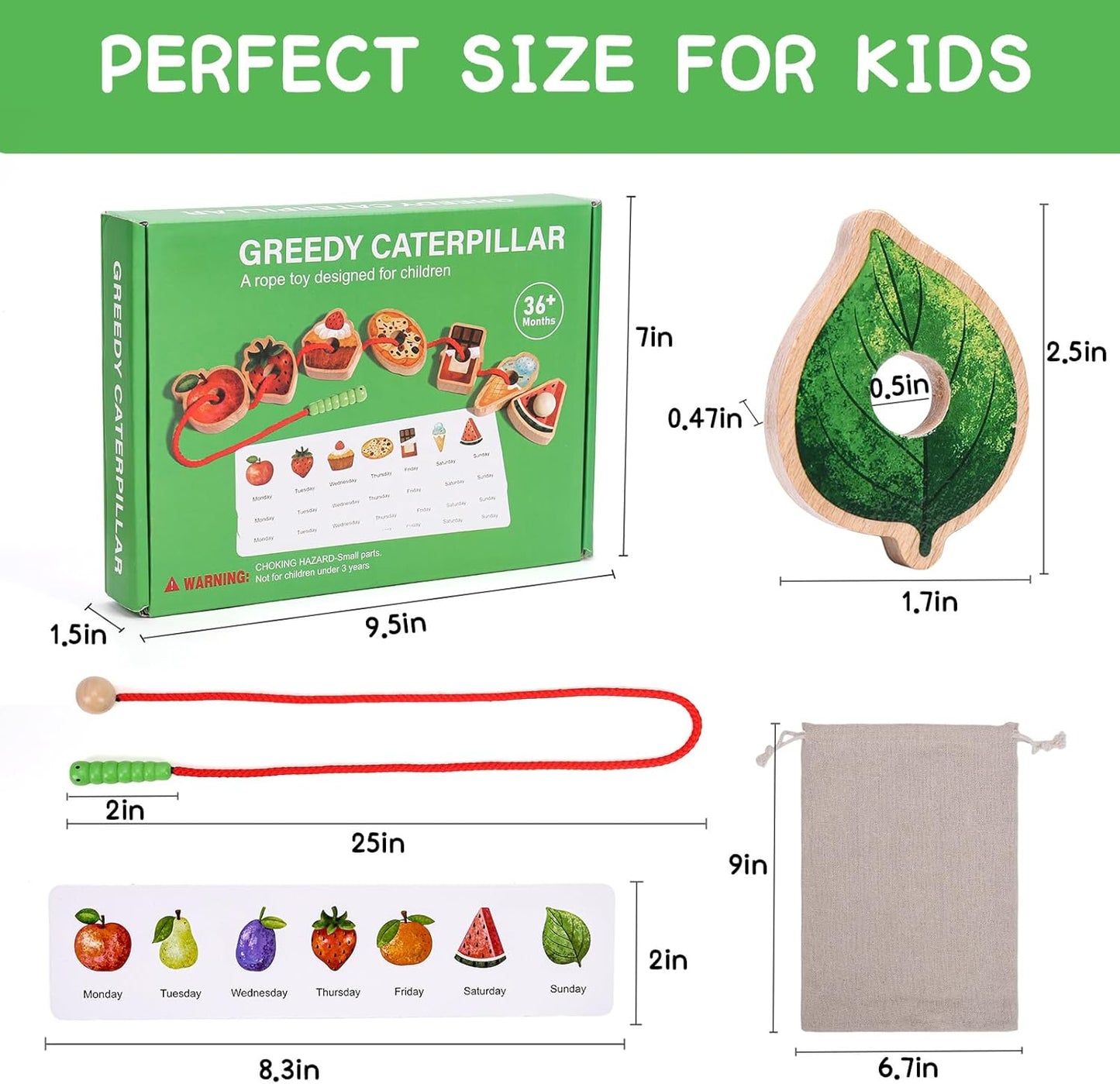 Wooden Greedy Caterpillar Rope Toy, 2.5in Fruit & Vegetable Caterpillar Lacing Bead String Game, Montessori Fine Motor Skills Farm Toys for 3+ Year Old
