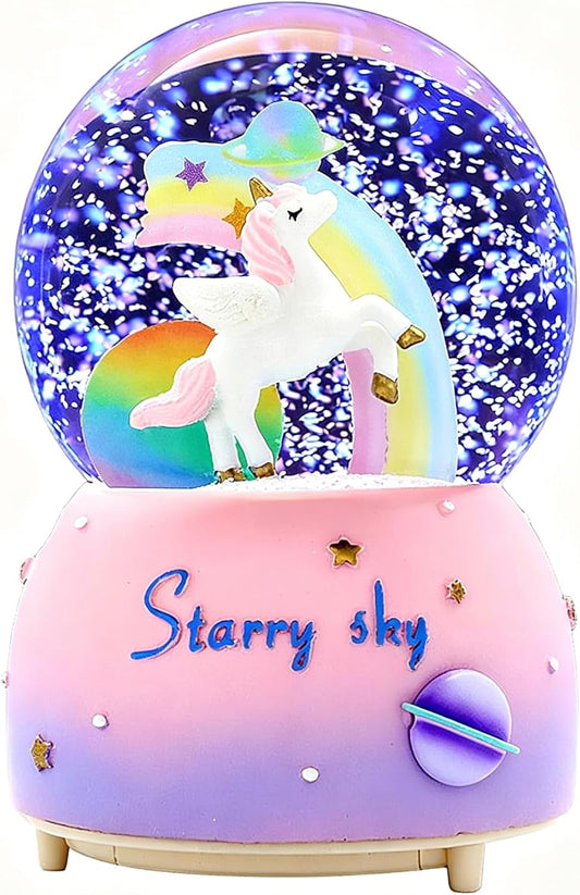 Unicorn Music Snowball, 80MM Snow Globes for Girls Music Box, with LED Rainbow Snow Lights, Birthday, Christmas, Ideal Gift for Girls (Pink&Blue)