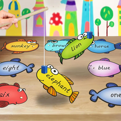 Magnetic Fishing Game, 24 Dry Erase Fish and 2 Wooden Toy Fishing Pole Sight Word Games Educational Toys for Kids, Kindergarten & Family