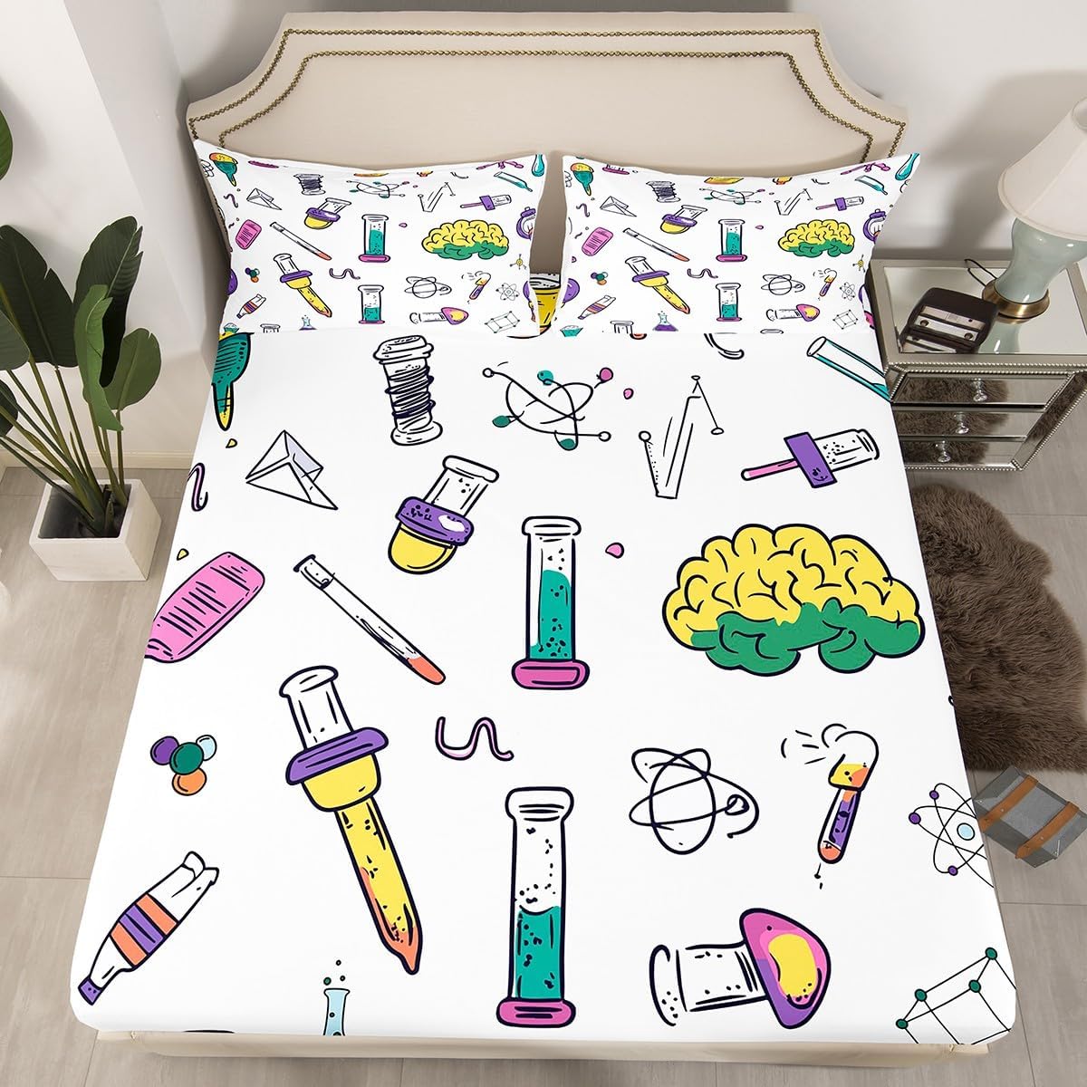 Erosebridal Science Theme Bed Sheets Set Full Size for Boys Girls Chemistry Periodic Table Print Sheet Set Chemical Subject Theme Sheets Teens Kids Math Science Atyle Fitted Sheet 4 Pcs