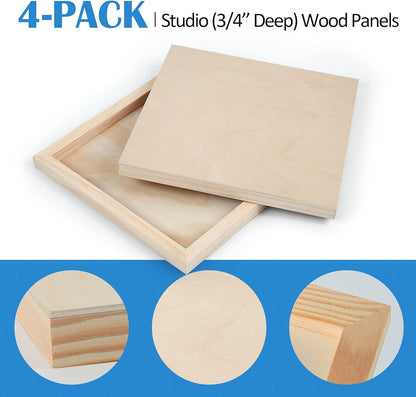 Falling in Art Unfinished Birch Wood Canvas Panels Kit, 4 Pack of 8x10’’ Studio 3/4’’ Deep Cradle Boards for Pouring Art, Crafts, Painting, and More