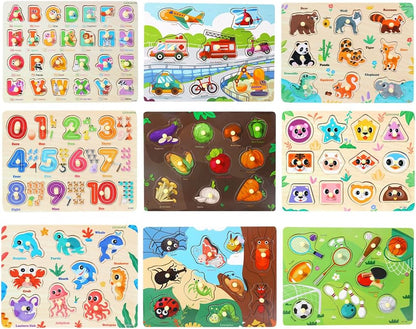 GRINNNIE 9 Pack Montessori Toddler Puzzle for 3 4 5 Years Old, Wooden Learning Puzzle for Toddlers 3-5, Animal, Alphabet, Number, Shape Peg Puzzles Set, Great Birthday for Boys Girls