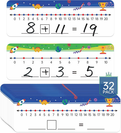32 Packs Numbers Line Dry Erase Board Cards, 4"x12" Double Sided Numbers Line Dry Erase Board, 0-10 on one Side and 0-20 on The Other Side; Classroom Must Haves Home Desktop Portable Math Whiteboards