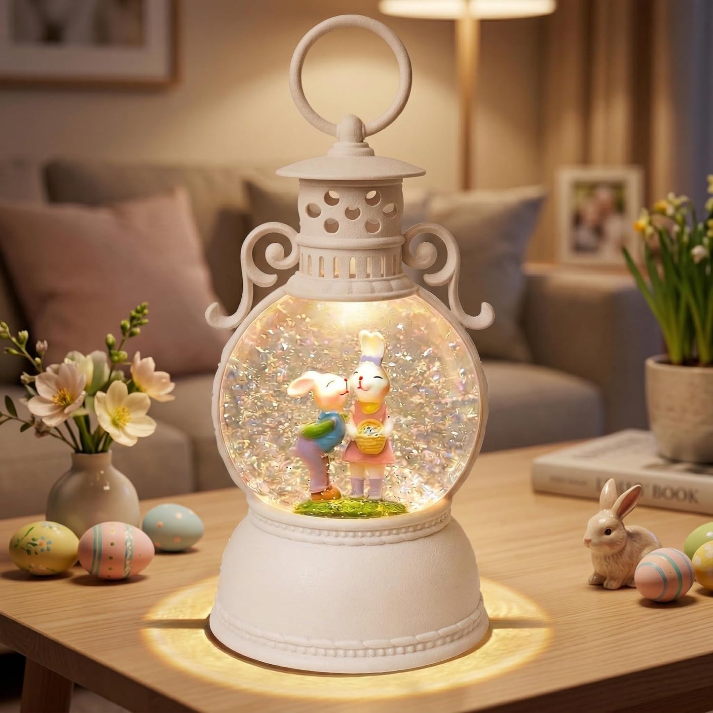 Easter Snow Globe Lantern, 9.4" Bunny Couple Lighted Snow Lantern with 6-Hour Timer, Battery or USB Powered, Spring Easter Decorations for Home, Easter Bunny Gift & Blue Easter Decor