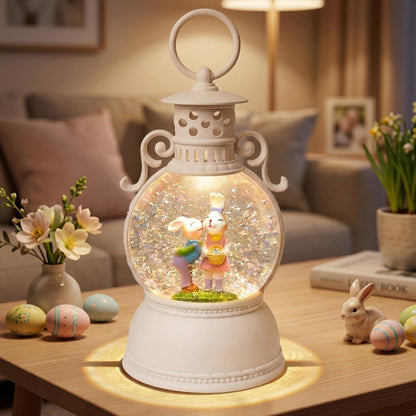 Easter Snow Globe Lantern, 9.4" Bunny Couple Lighted Snow Lantern with 6-Hour Timer, Battery or USB Powered, Spring Easter Decorations for Home, Easter Bunny Gift & Blue Easter Decor