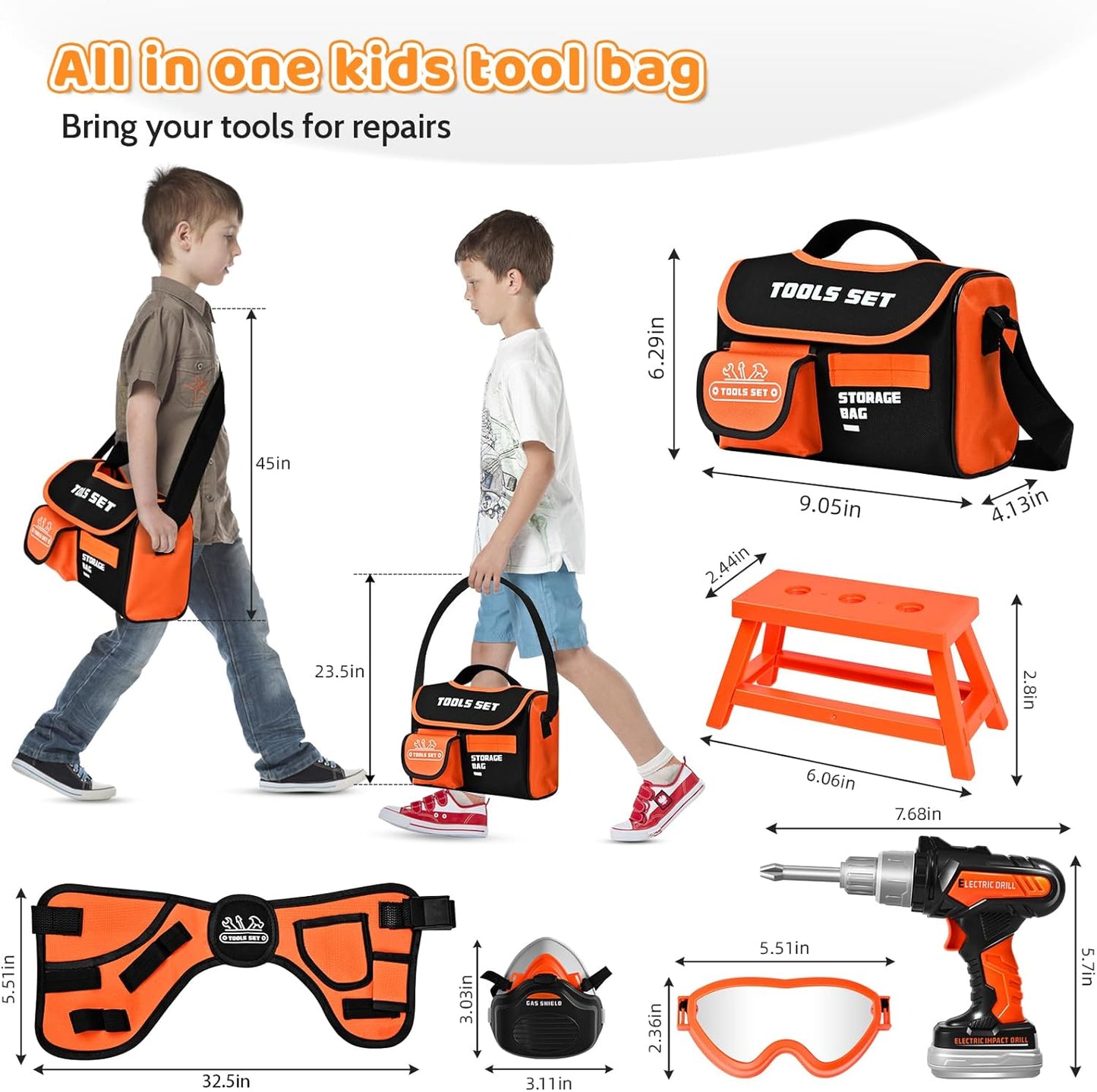 Kids Tool Set 49 PCS, Portable Tool Bag with Battery Powered Toy Drill & Adjustable Belt, Pretend Play Toddler Tool Set, Construction Toys for Boys & Girls Age 3-8, STEM Gifts