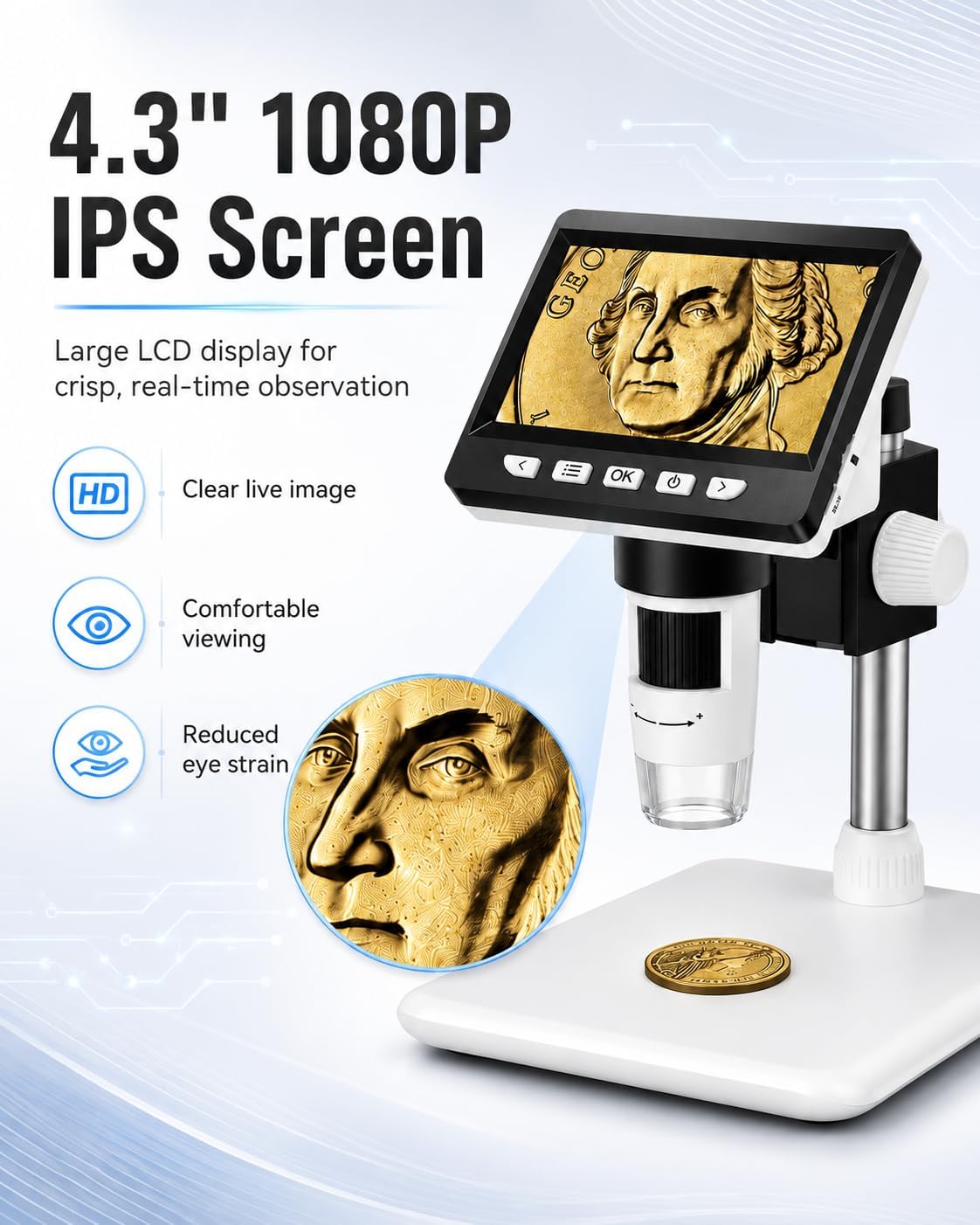 Coin Microscope, 4.3 Inch Digital Microscope 1000X Coin Microscope for Error Coins with 8 Adjustable LED Lights, PC View Compatible with Windows & MacOS