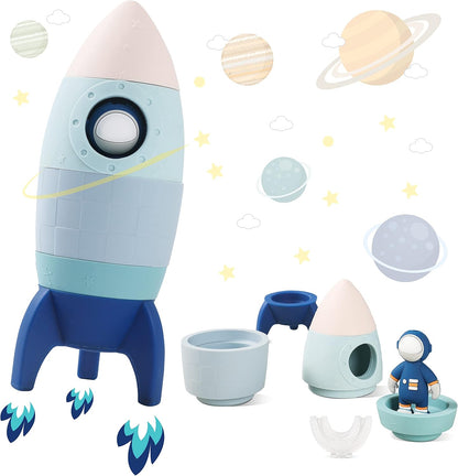 JETM·HH Silicone Rocket Stacking Toy - Space Rocket Toy - Baby Teething Toys -Early Learning Stacking Tower Educational Learning Stacking Toys Nesting Toy for Early Educational for Infants (Blue)