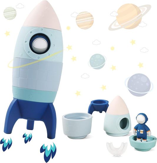 JETM·HH Silicone Rocket Stacking Toy - Space Rocket Toy - Baby Teething Toys -Early Learning Stacking Tower Educational Learning Stacking Toys Nesting Toy for Early Educational for Infants (Blue)