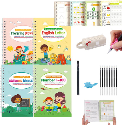 Motor Magic Workbooks, Your Little Explorer Magic Grooved Books, 4 PCS Handwriting Practice Copybook W/10 Replacement Refills+1 Pen+1 Pencil Grip, Handwriting Practice (2Set)