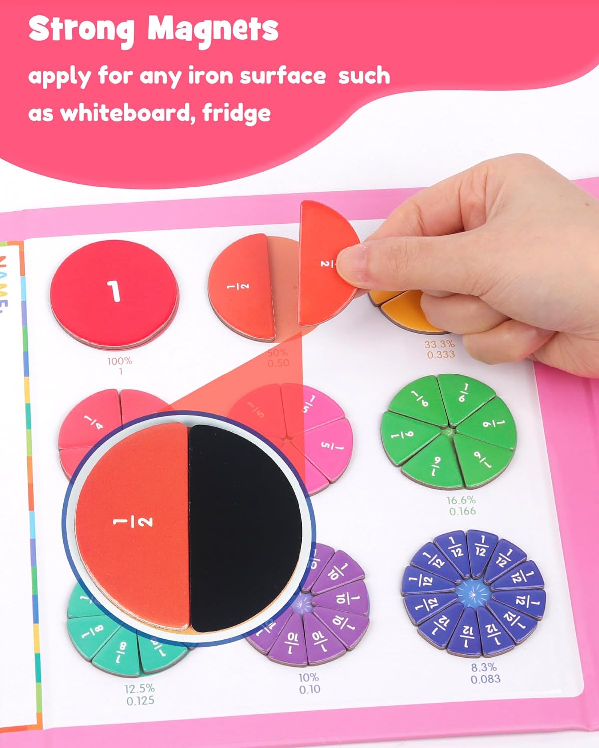 D-FantiX Magnetic Fraction Educational Puzzle, Magnetic Fraction Tiles & Fraction Circles Set, Math Manipulatives for Elementary School, Montessori Fraction Manipulatives Learning Toys for Kids