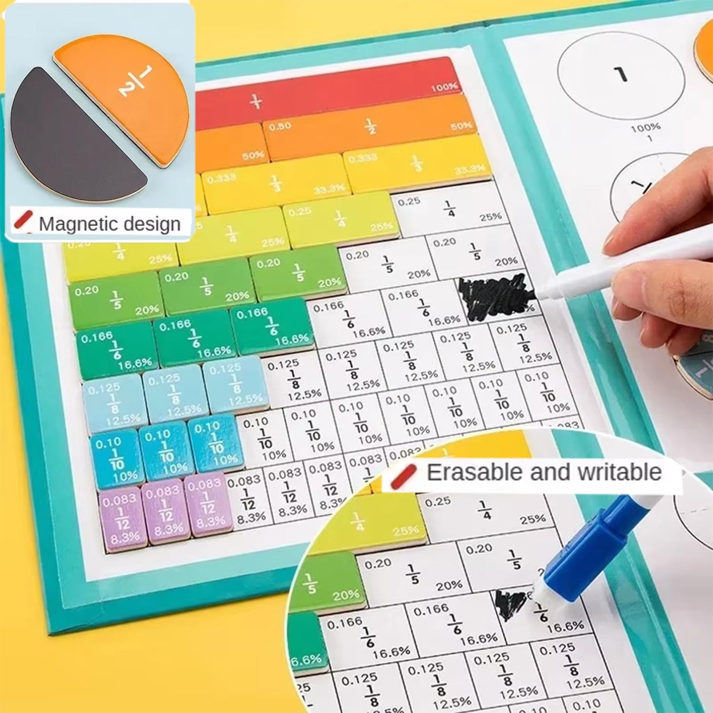 Magnetic Fraction Demonstration Book, 102 Pcs Magnetic Fraction Disc Set, Montessori Math Teaching Aid for Kids 3+ (Dinosaur)