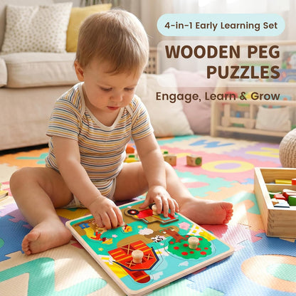 LovesTown Wooden Peg Puzzles Learning Toys Montessori Educational Knob Puzzle with Handles for Toddlers Preschool Kids 4 PCS