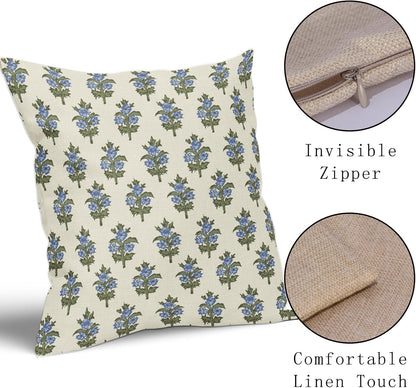 Sage Green Blue Floral Block Print Pillow Covers 18x18 Set of 2 Spring Flower Pattern Decorative Throw Pillowcases Outdoor Rustic Farmhouse Square Cushion Cases Decor for Home Couch Sofa Bed