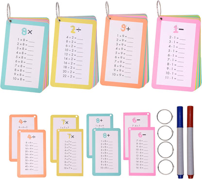 Math Flash Cards for Kids Ages 5–8 | Addition, Subtraction, Multiplication & Division | 4-Pack Complete Math Learning Set | Reusable Cards with Rings & Markers | Math Facts & Times Tables Practice