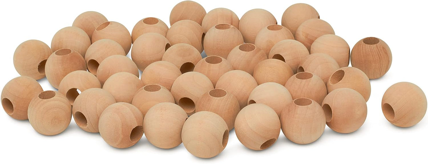 Large Wooden Beads for Crafts - Pack of 6 32mm 1-1/4 x 3/8 Inch Hole Large Wood Beads for Crafts withHoles for DIY | Round Wooden Balls for Crafts | Wood Beads for Jewelry Making | Woodpeckers