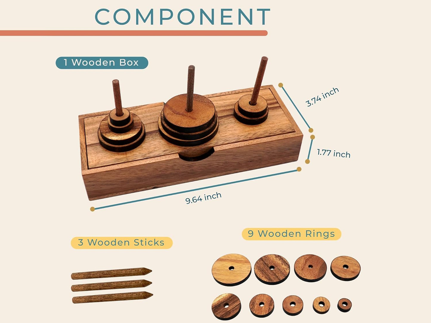 BSIRI Fun Puzzle Board Games Gifts of Hanoi Tower (9 Rings) with Wooden Designs for Brain Teasers Logic Games Kids and Adults to Challenges Mastermind Game and Think for Fun Learning Tower Puzzles
