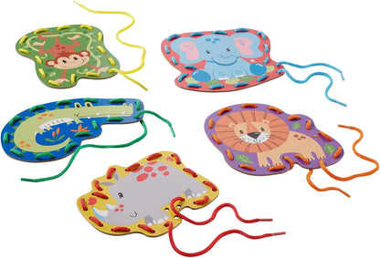 Serabeena Lacing Cards for Kids Ages 3-5 - Safari Animal Sewing Cards | Screen-Free Toddler Lace-Up Toy & Activity with 5 Laces & Storage Box for Hand-Eye Coordination and Fine Motor Skills