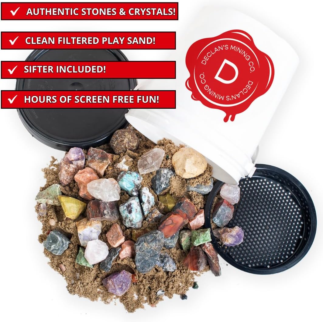 Declan's Mining Bucket, 1 Gallon Raw Stone Collection with 16 Crystal Types, 4+ lbs, Includes Identification Chart