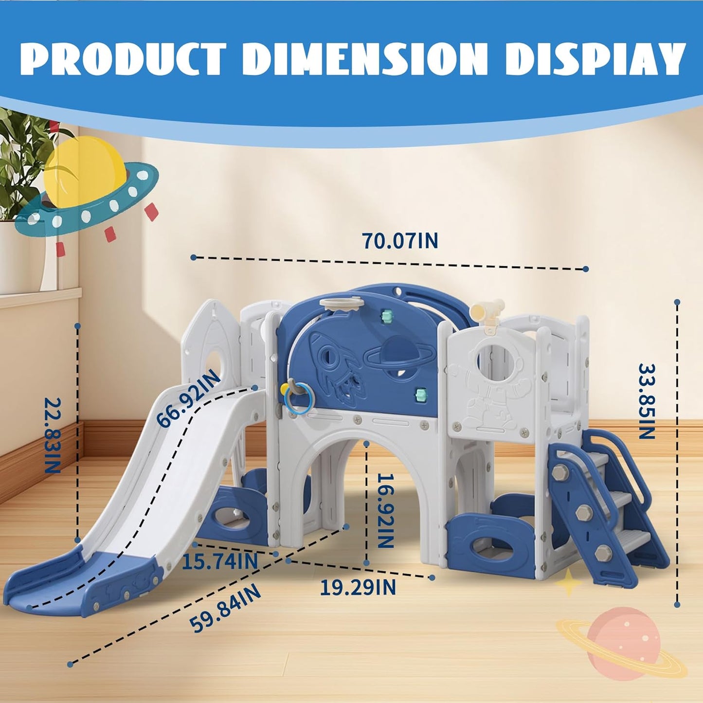 11in 1 Toddler Slide, Kid Slide for Toddlers Age 1-3 with Telescope, Basketball Hoop, and Telescope, Indoor Outdoor Playset Playground Blue Grey