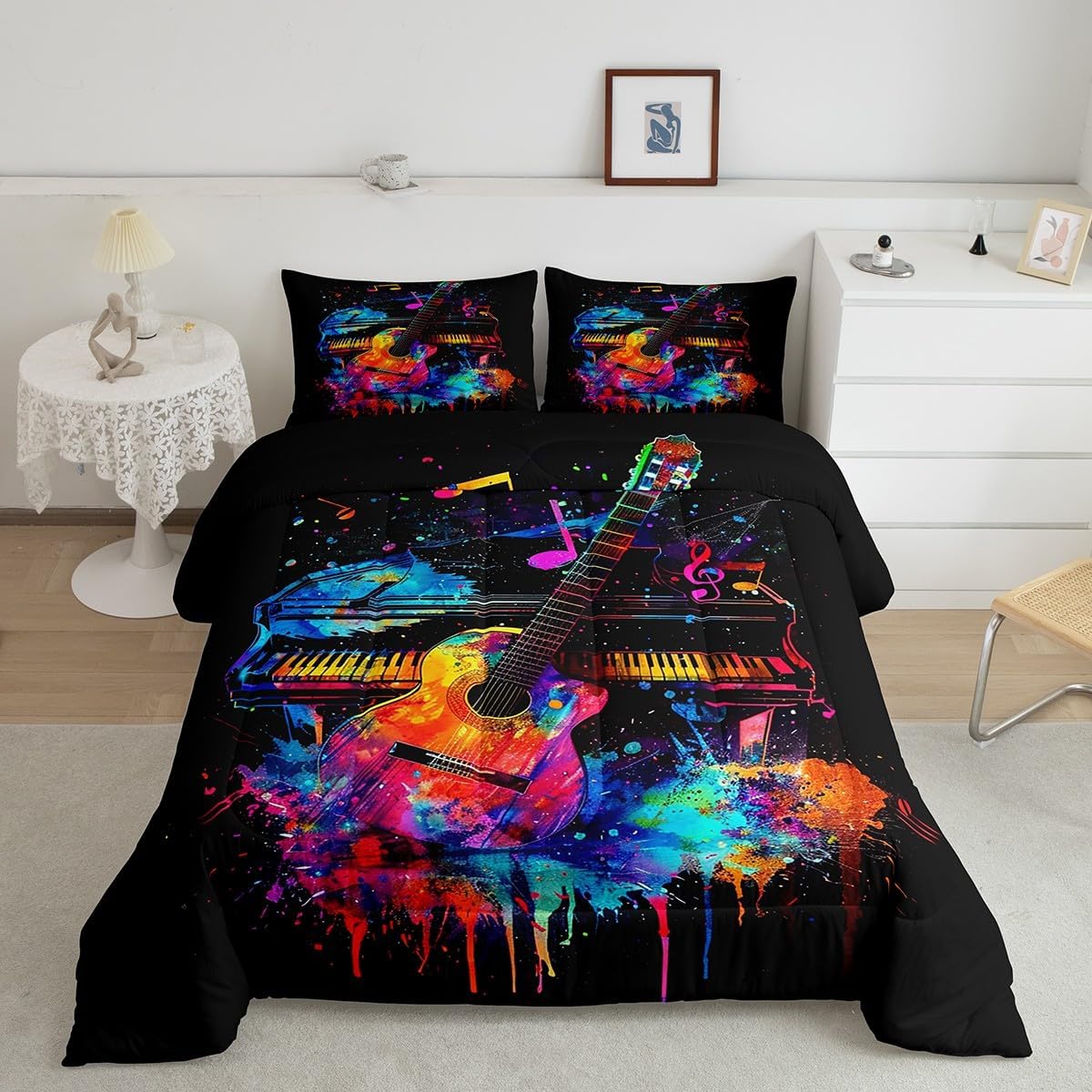 Erosebridal Drum Kit 3D Print Kids Comforter Sets Rock Music Themed Full Bedding Set for Boys Girls Musical Pattern Comforter Set,Colorful Retro Style Quilt Duvet 3 Pcs